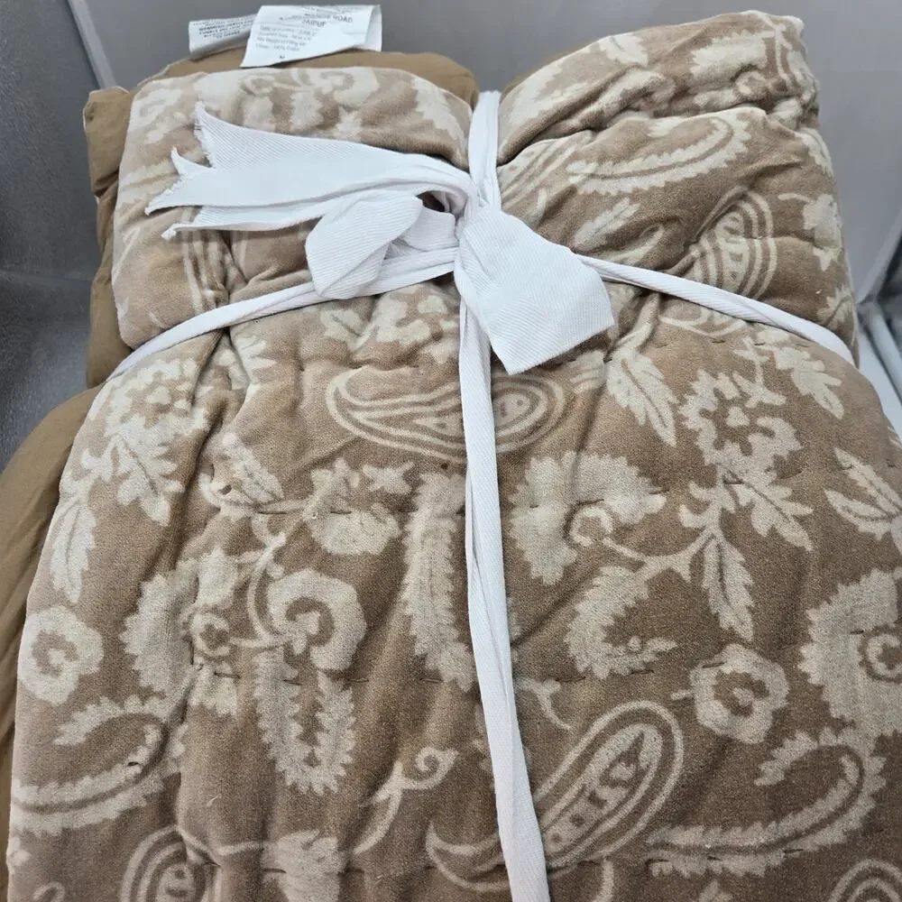 Nicole Miller Velvet Paisley QUEEN Quilt Hand Stitched Beige Brown NEW COTTAGE